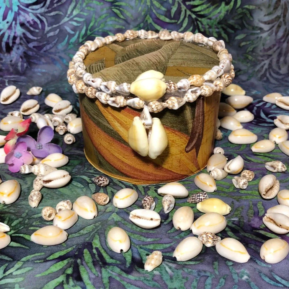 MANGO TREE STUDIOS Round Lidded Seashell Felt Lined Trinket Box Unique New